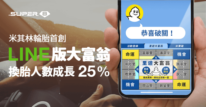［LINE 成功案例］米其林輪胎 LINE 行銷活動，以 LINE 官方帳號作為大富翁遊戲活動入口，貼近大眾的日常習慣，透過平易近人的創意，讓參與者能夠輕鬆上手並享受互動的樂趣｜LINE 官方認證技術夥伴 Super 8